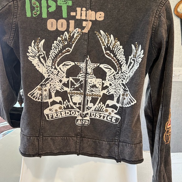 Bejeweled by Susan Fixel faded black denim jacket. X - Treme Force. Size large - Picture 2 of 5